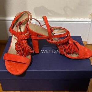 SUMMER SALE! Stuart Weitzman Tangled coral suede sandals with tassels - size 7.5